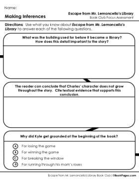 The first page of Book Club for Escape from Mr. Lemoncello's Library Focus Assessment and Rubric
