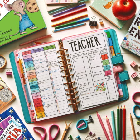 Teacher Planner on desk with children's books