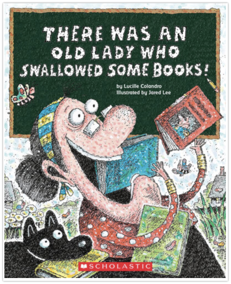 The cover for the book There Was an Old Lady Who Swallowed Some Books!