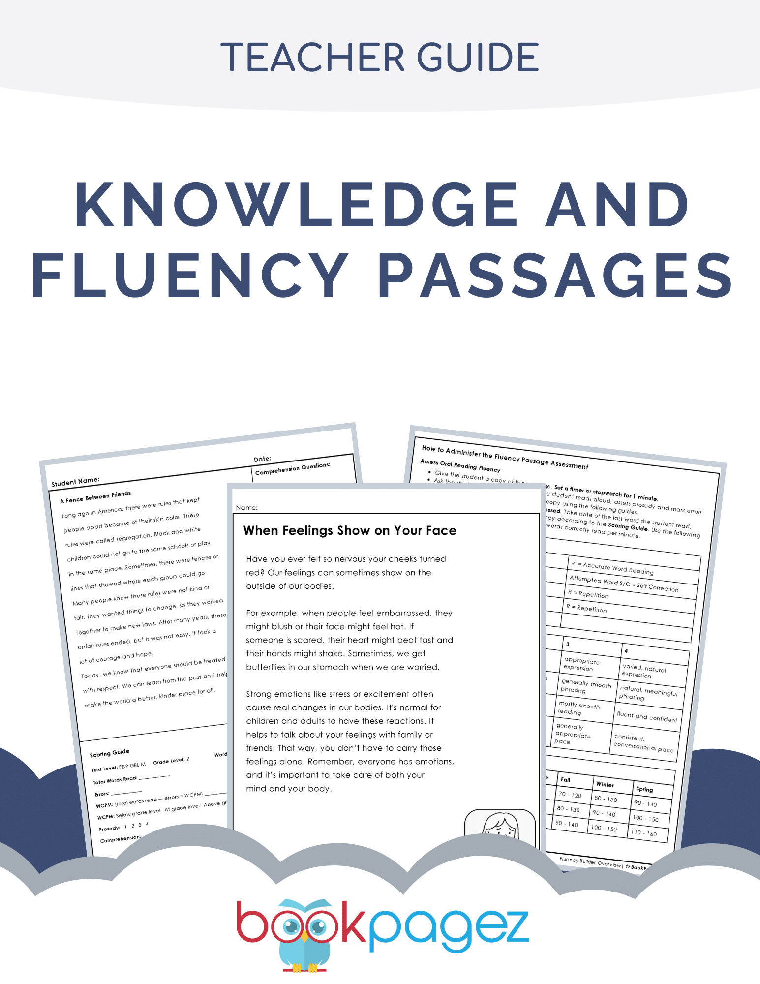 Cover for the teacher guide showing pages from a knowledge and fluency passage resource set