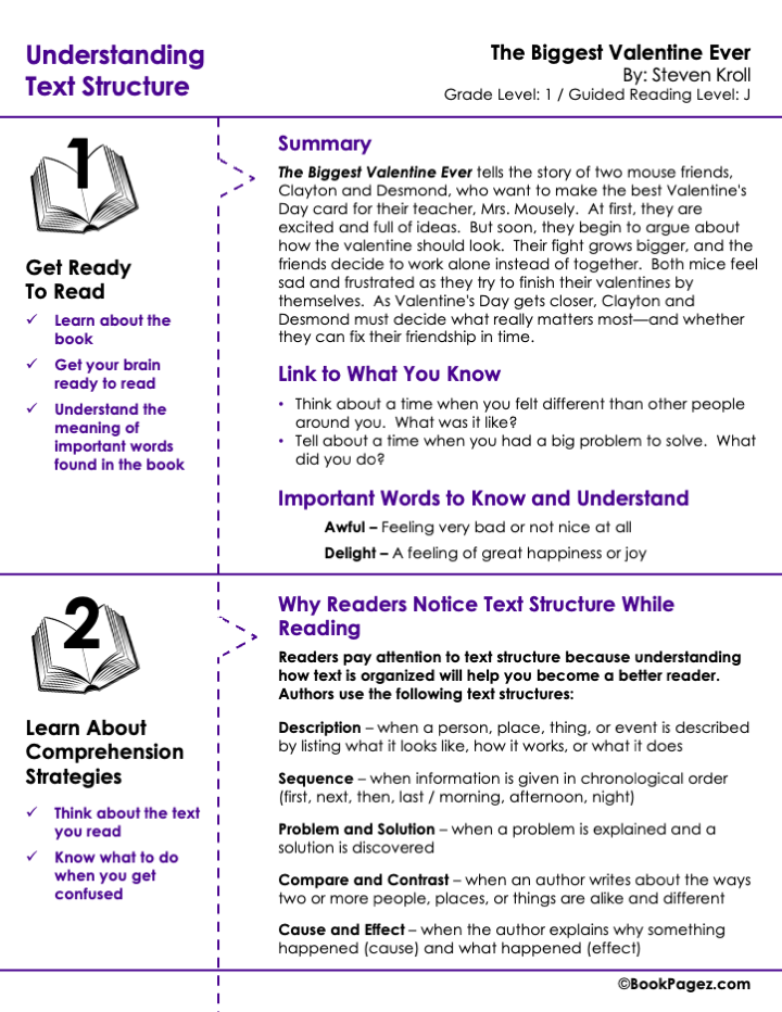 The first page of Understanding Text Structure with The Biggest Valentine Ever