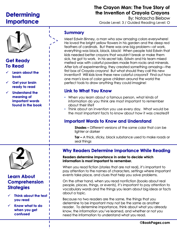 The first page of Determining Importance with The Crayon Man: The True Story of the Invention of Crayola Crayons