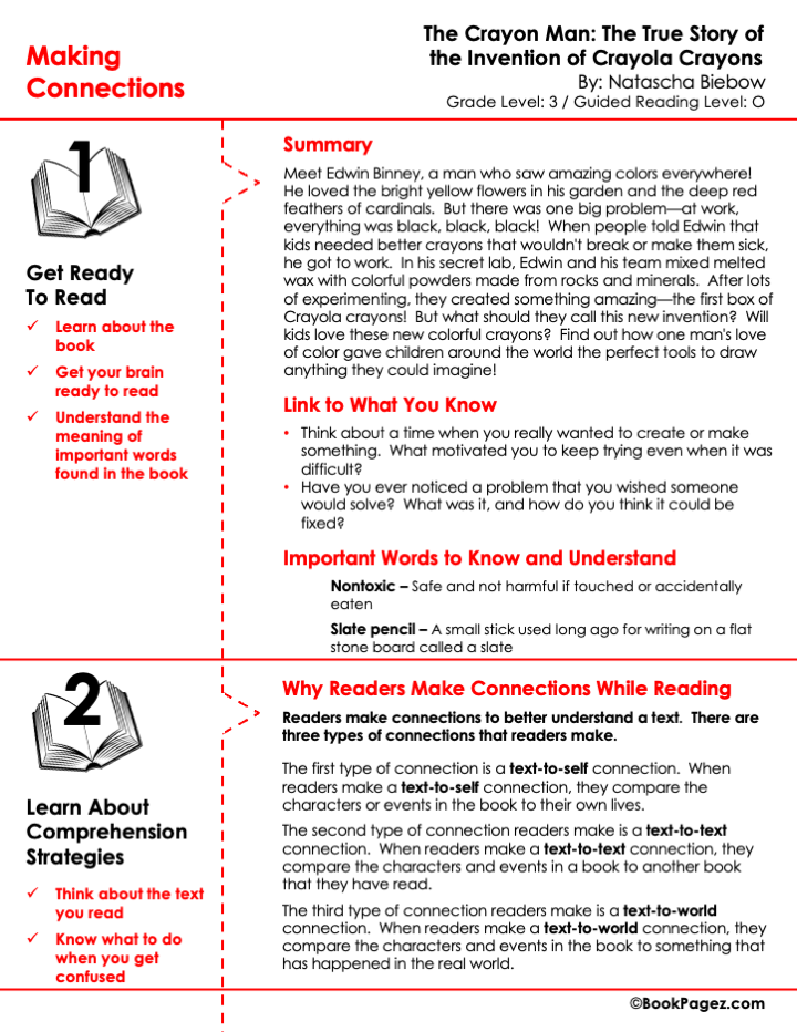 The first page of Making Connections with The Crayon Man: The True Story of the Invention of Crayola Crayons