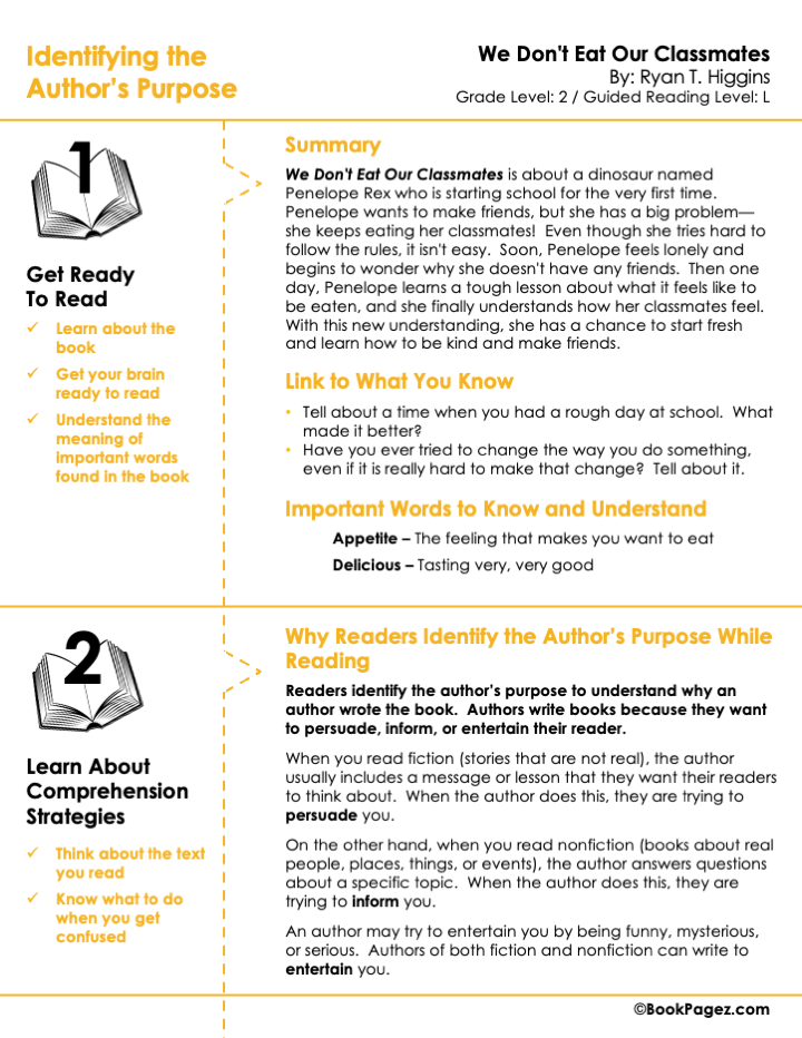 The first page of Identifying the Author's Purpose with We Don't Eat Our Classmates